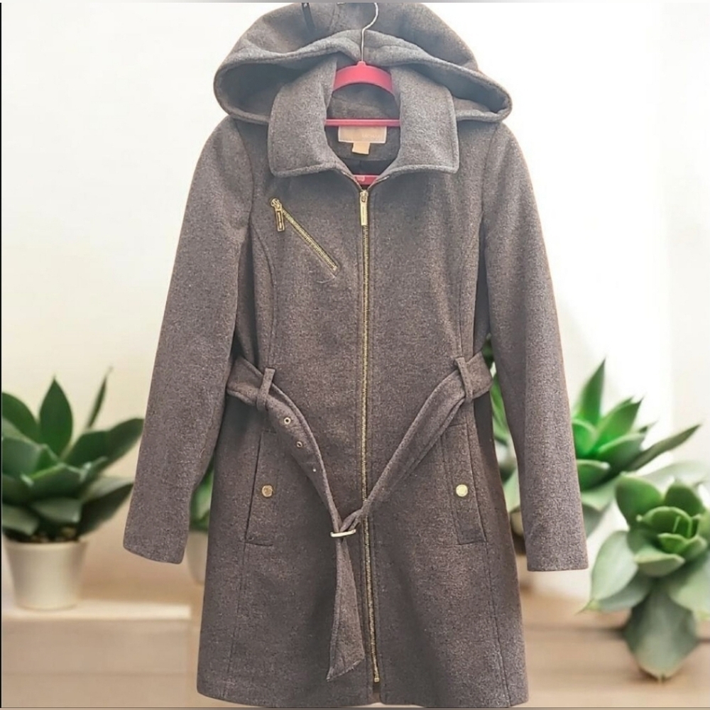 Michael Kors Gray Hooded Trench Coat